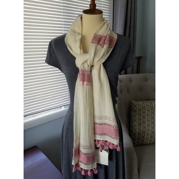 NWT Loft Scarf - Cream & Pink w/tassels - Picture 2 of 7